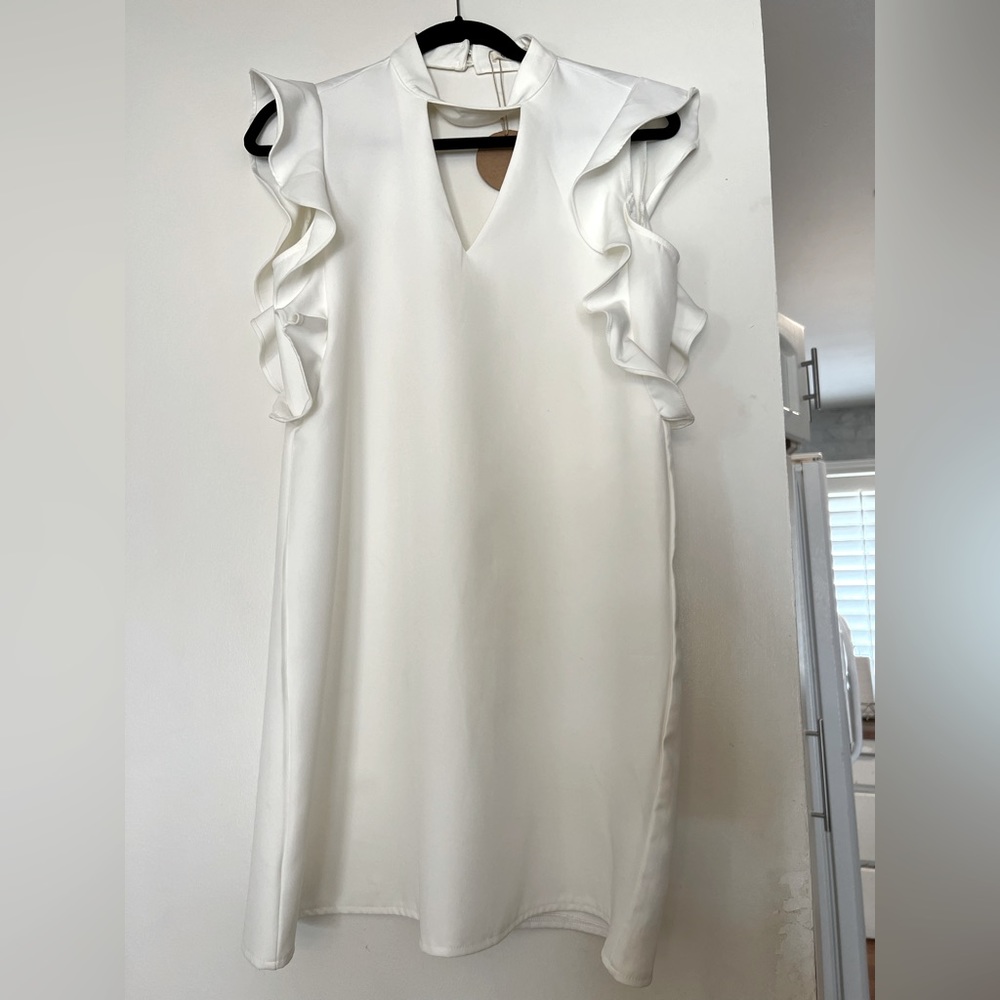 White mini shift dress with ruffle tank sleeve sz Medium